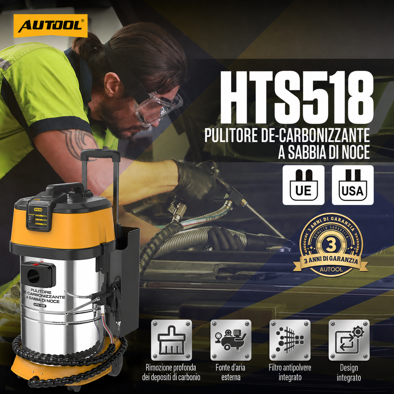 Sabbiatrice AUTOOL HTS518 per la rimozione dei depositi carboniosi dai granuli di guscio di noce