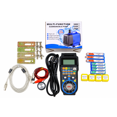 Accessori per fresatrice CNC CNCTech 6040 5D: controller manuale, pompa dell'acqua, frese, pinze ER20, supporti, sensore di altezza utensile e cavi