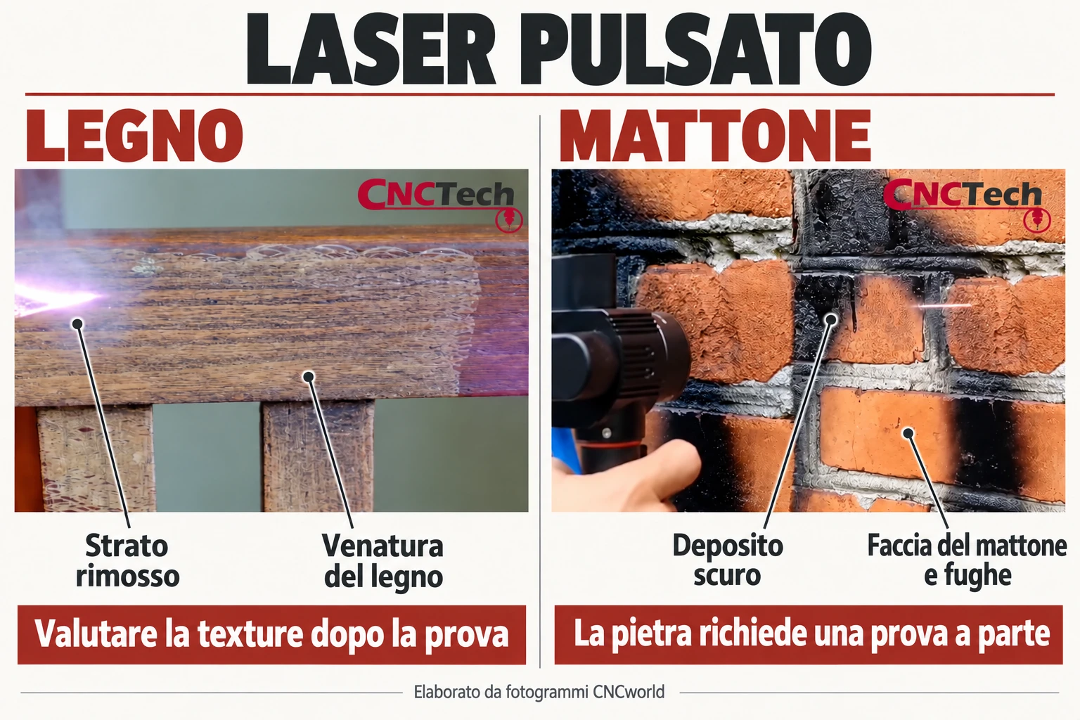 Laser pulsato: legno e mattone — strato rimosso, venatura, faccia del mattone e fughe