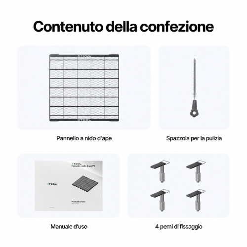 Contenuto del set del pannello a nido d'ape P3: un pannello, quattro perni, spazzola e manuale Contenuto del set del pannello a nido d'ape P3: un pannello, quattro perni, spazzola e manuale