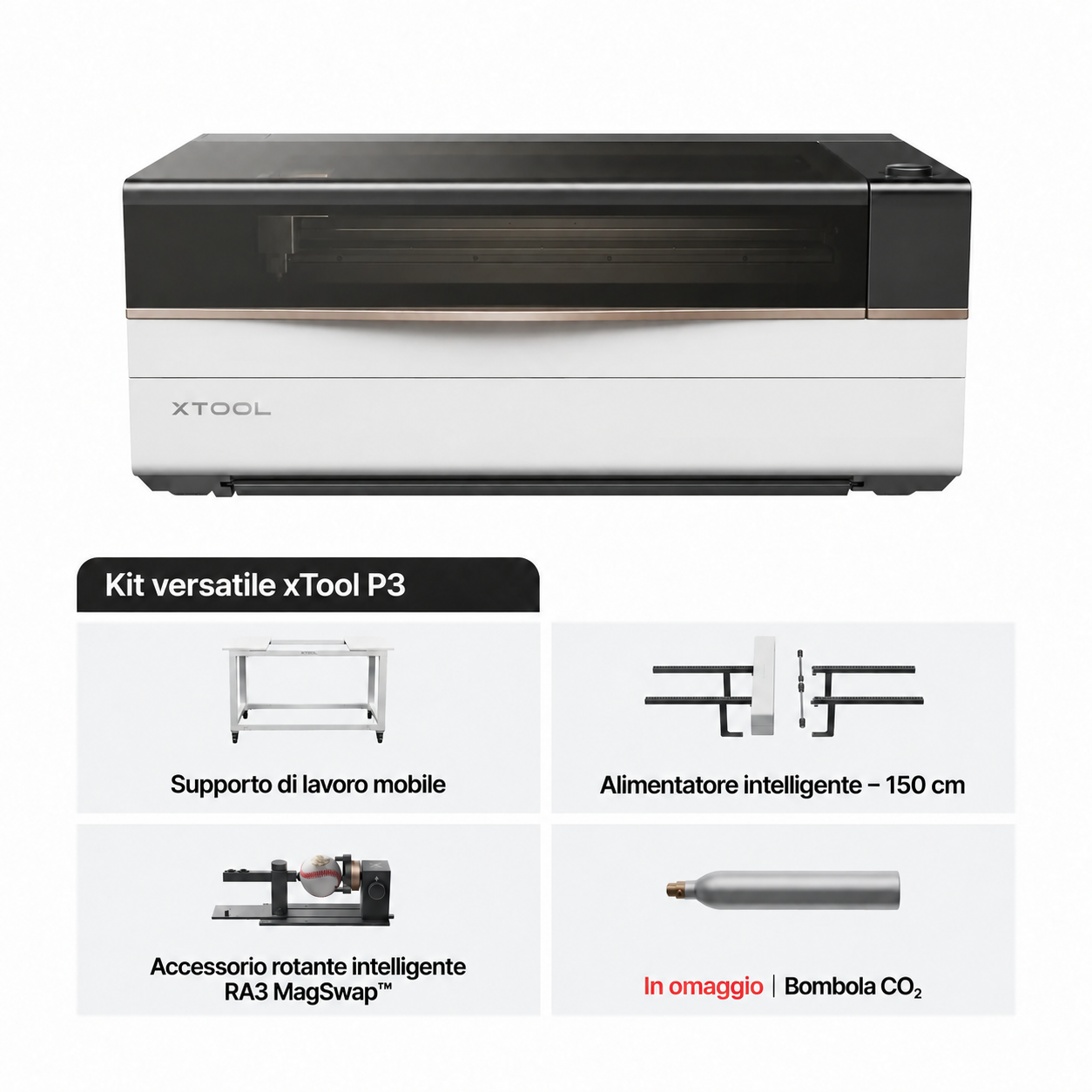 Kit versatile xTool P3: supporto, alimentatore da 150 cm, RA3 e bombola CO₂