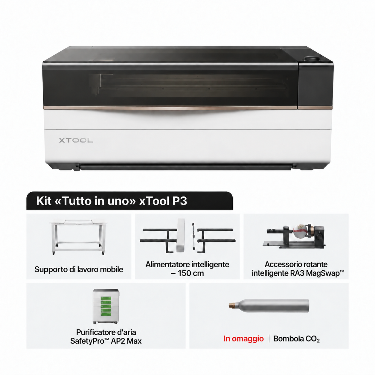 Kit xTool P3 Tutto in uno con AP2 Max, alimentatore, supporto e RA3