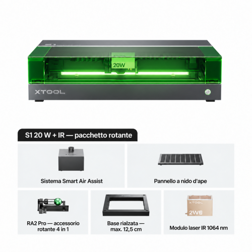 xTool S1 con modulo IR 1064 nm — macchina chiusa per taglio e incisione laser a diodi