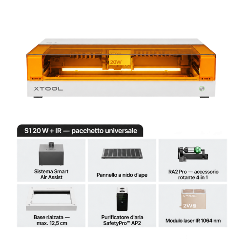 xTool S1 con modulo IR 1064 nm — macchina chiusa per taglio e incisione laser a diodi
