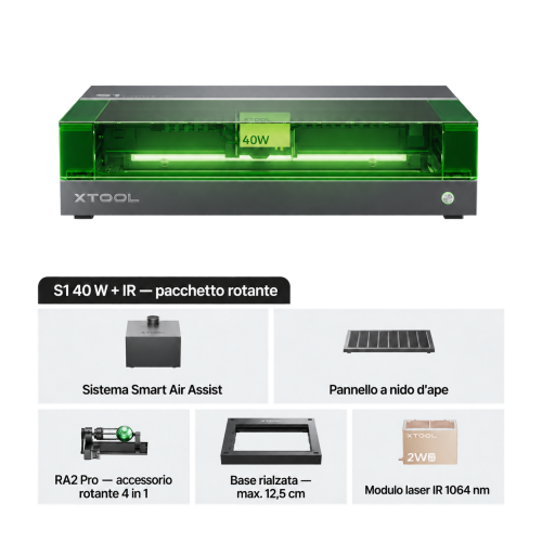 xTool S1 con modulo IR 1064 nm — macchina chiusa per taglio e incisione laser a diodi