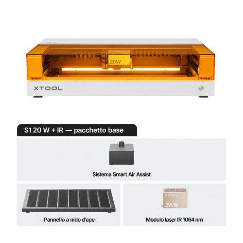 xTool S1 con modulo IR 1064 nm — macchina chiusa per taglio e incisione laser a diodi