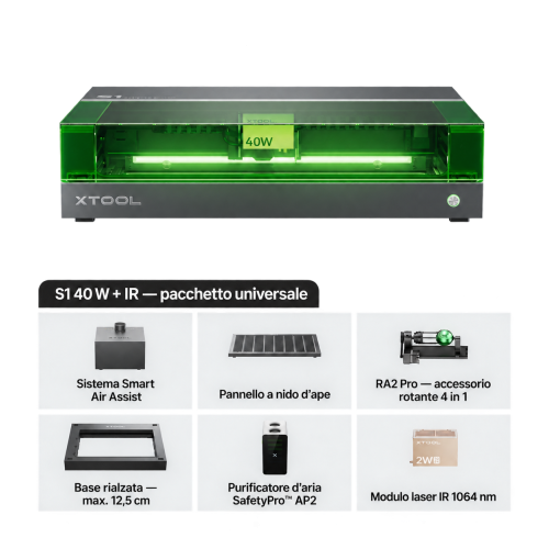 xTool S1 con modulo IR 1064 nm — macchina chiusa per taglio e incisione laser a diodi