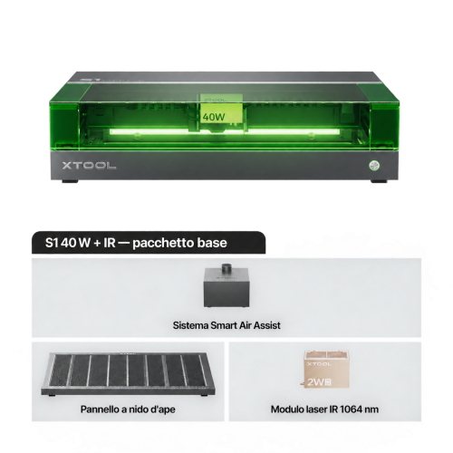xTool S1 con modulo IR 1064 nm — macchina chiusa per taglio e incisione laser a diodi