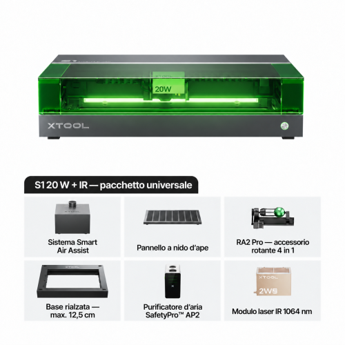 xTool S1 con modulo IR 1064 nm — macchina chiusa per taglio e incisione laser a diodi