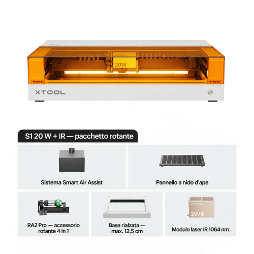xTool S1 con modulo IR 1064 nm — macchina chiusa per taglio e incisione laser a diodi